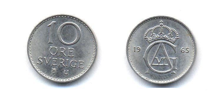 ШВЕЦИЯ 10 ЭРЕ 1965 U, ГУСТАВ VI (1950-1973) KM 835 медно-никель UNC 51-5219