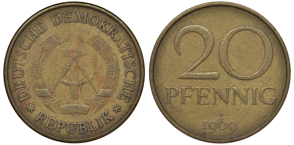 ГДР 20 пфеннигов 1969 А, первый год KM 11 латунь 62-1022
