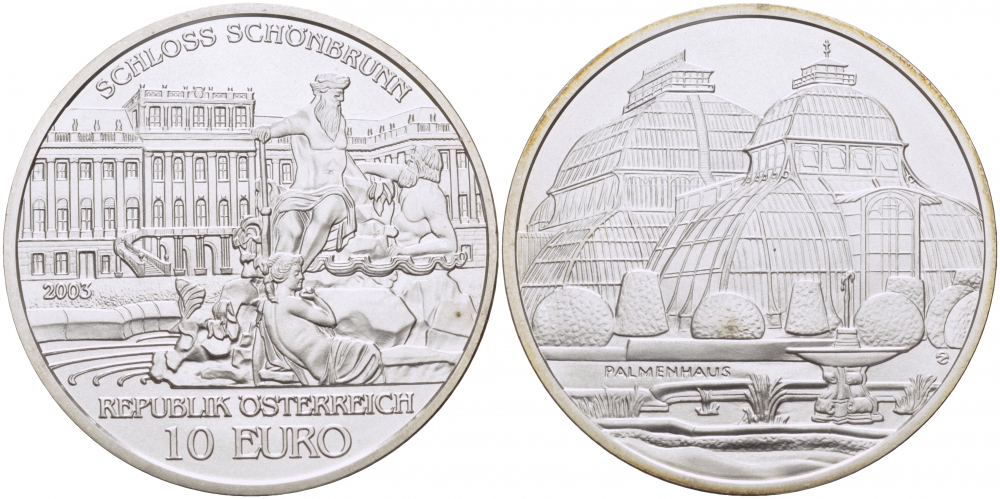 Австрия 10 евро 2003 Дворец Шенбрунн, здание парламента KM 3106 серебро  PROOF 1084-10-12