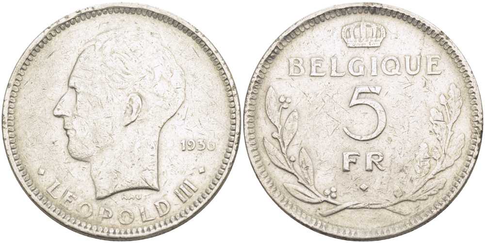Бельгия 5 франков 1936 Леопольд III (1934-1951), Belgique KM 118 никель 3851-445