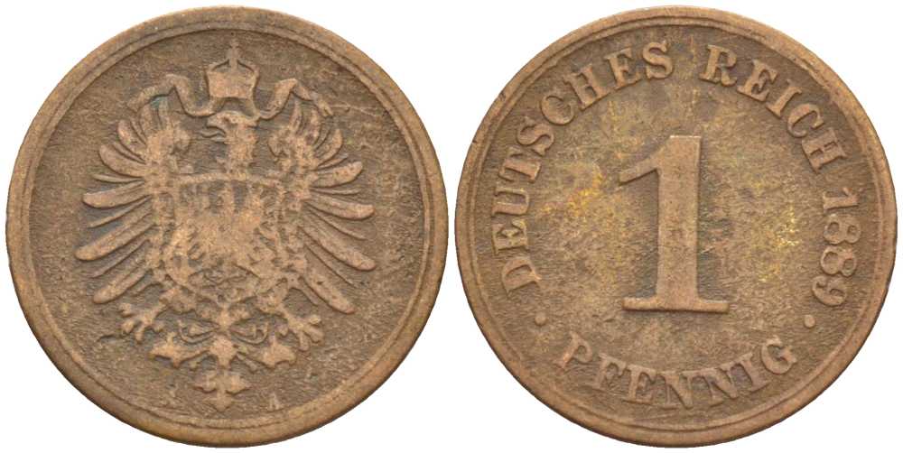 ГЕРМАНИЯ 1 ПФЕННИГ 1889 A, СТАРОГЕРБОВКА KM 1, J. 1, Weege 1 медь 206-1263