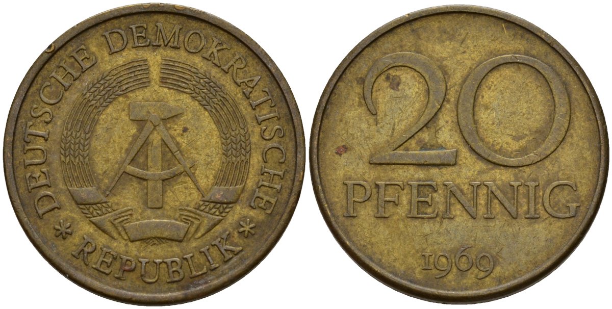 ГДР 20 пфеннигов 1969 A, первый год KM 11 латунь 95-723