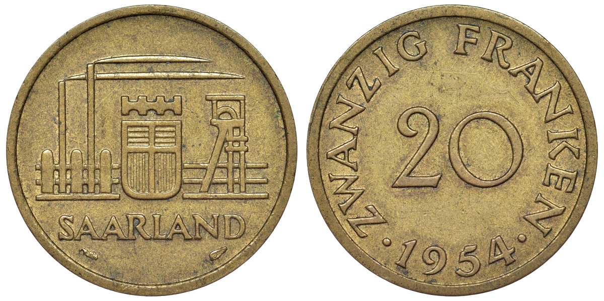 Саарланд 20 франков 1954 индустрия KM 2 алюминиевая бронза 4121-417