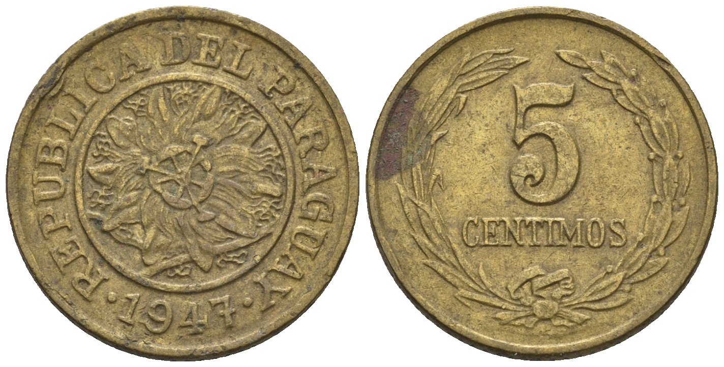 Парагвай 5 сентимо 1947  KM 21 алюминиевая бронза    220-1018