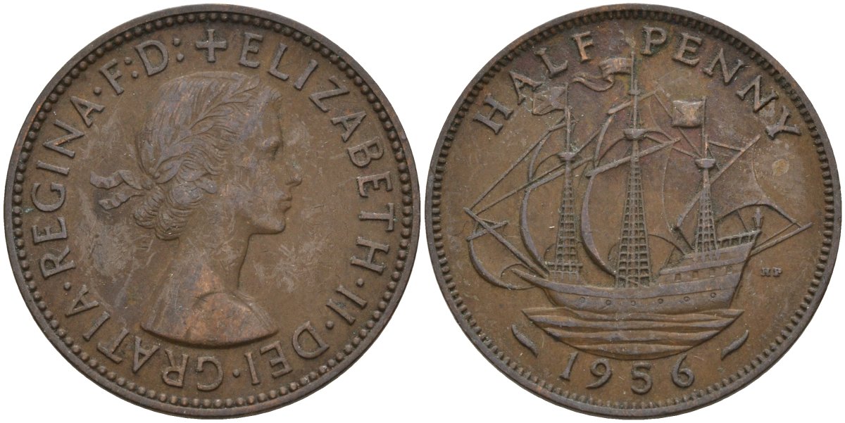 Великобритания 1/2 пенни 1956 Елизавета II (1952-2022) KM 896, Spink 4158 бронза 4146-253