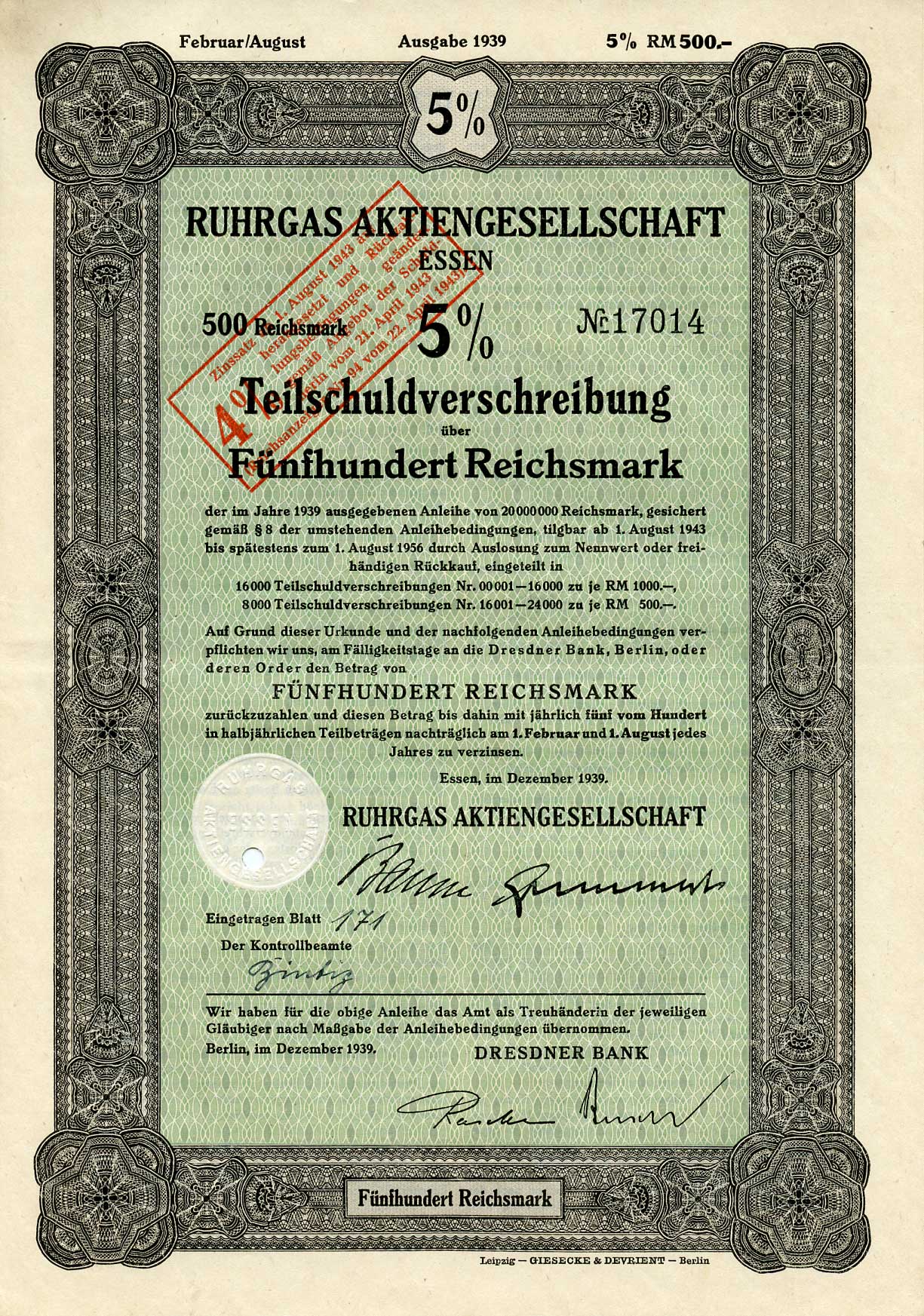 Германия 500 рейхсмарок 1939 Акционерное общество Рургас Эссен, 5% -ное частичное долговое обязательство с маркой конвертации под 4% -ную процентную ставку, облигация   бумага  8801-60-1