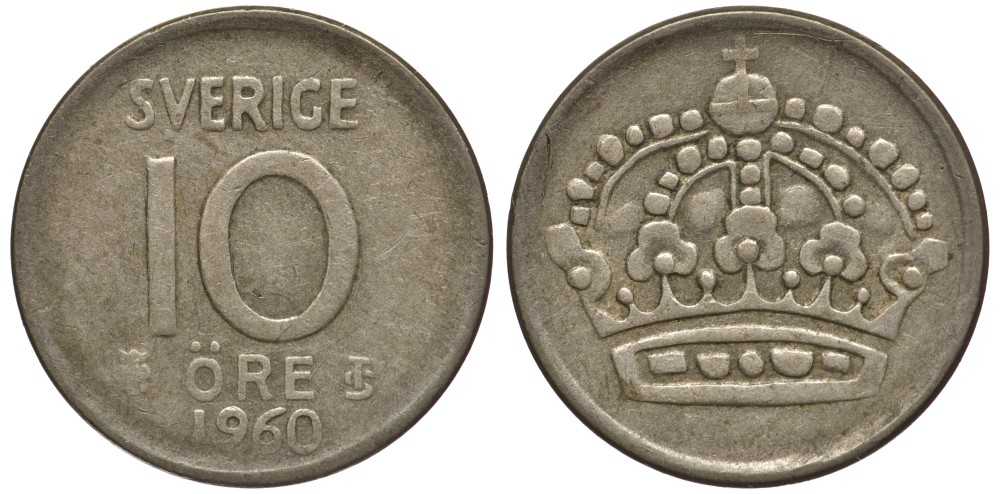 Швеция 10 эре 1960 T;S, Густав VI Адольф (1950-1973) KM 823 серебро 112-914