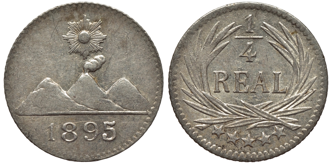 Гватемала 1/4 реала 1895 5 звезд, Испанское правление KM 162 серебро 4549-628