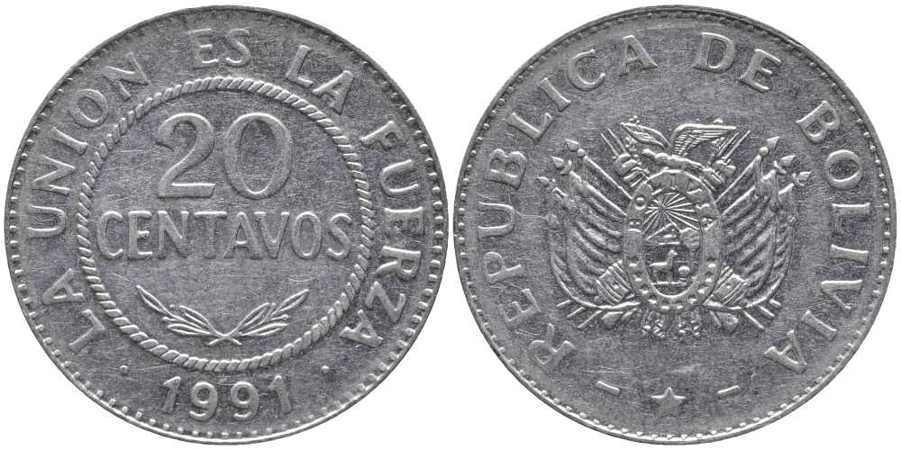 БОЛИВИЯ 20 СЕНТАВО 1991 KM 203 нержавеющая сталь 113-734