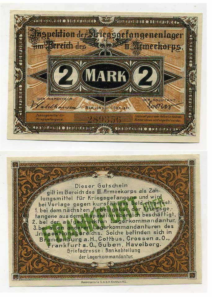 Германия 2 марки 1917 инспекция лагерей военнопленных в Франкфурте на Одере, III-ий Армейский корпус C-2962 бумага UNC (пресс) 504-91-2-2