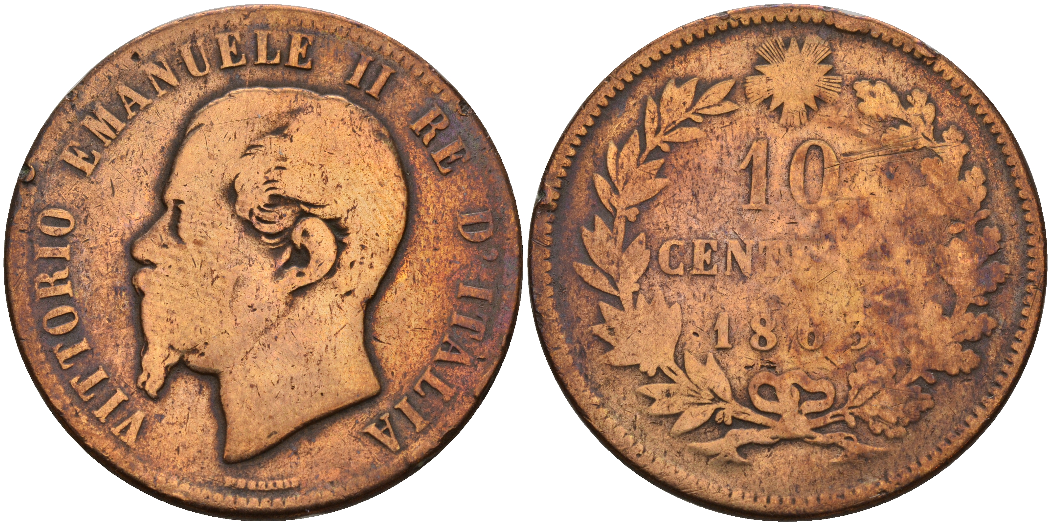 Италия 10 чентезимо 1863  KM 11.2 медь    4149-341