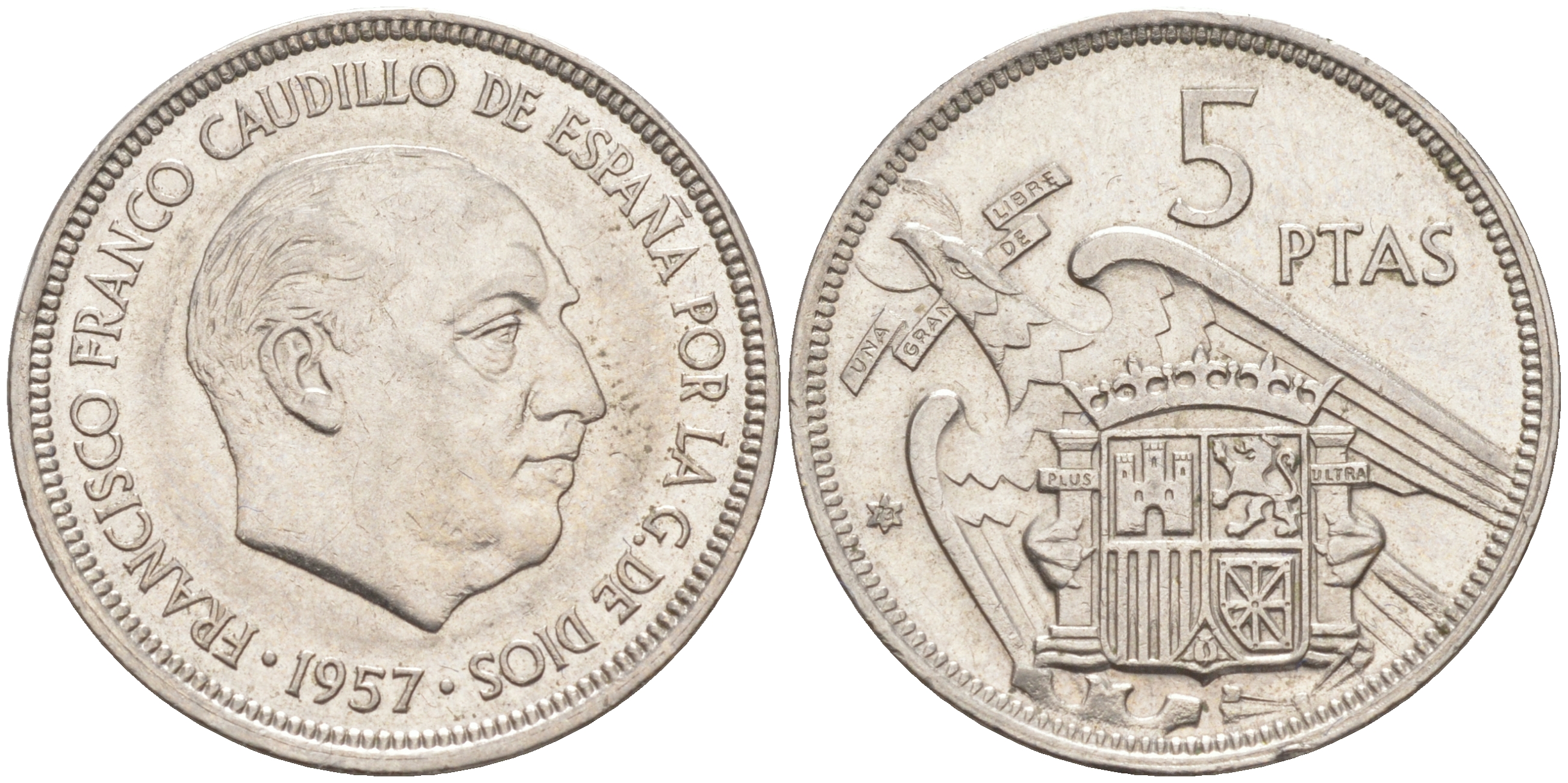 ИСПАНИЯ 5 ПЕСЕТ 1957 (73) ФРАНСИСКО ФРАНКО ДИКТАТОР ИСПАНИИ (1939-1975) KM 786 медно-никель 176-1013