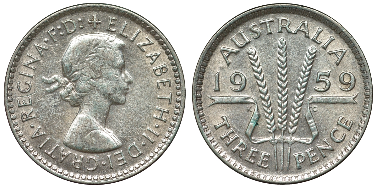 Австралия 3 пенса 1959 m, Елизавета II (1952-2022) KM 57 серебро 71-623