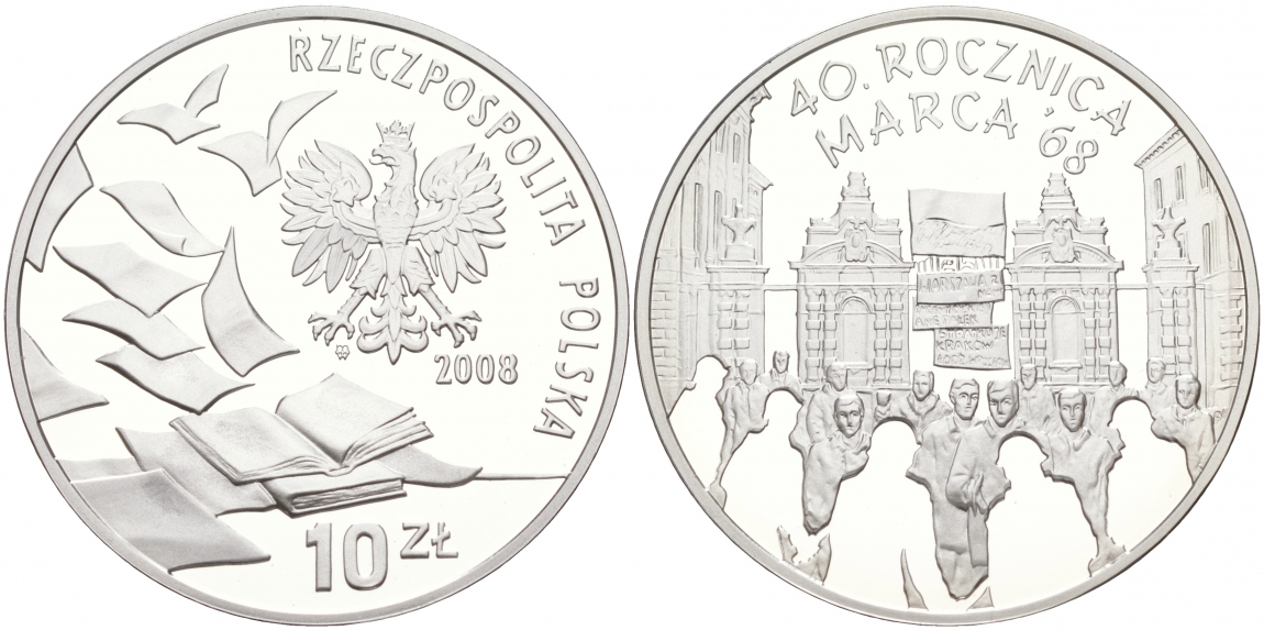 Польша 10 злотых 2008 40 лет студенческого марша 1968 года KM 632 серебро PROOF 02-069-52