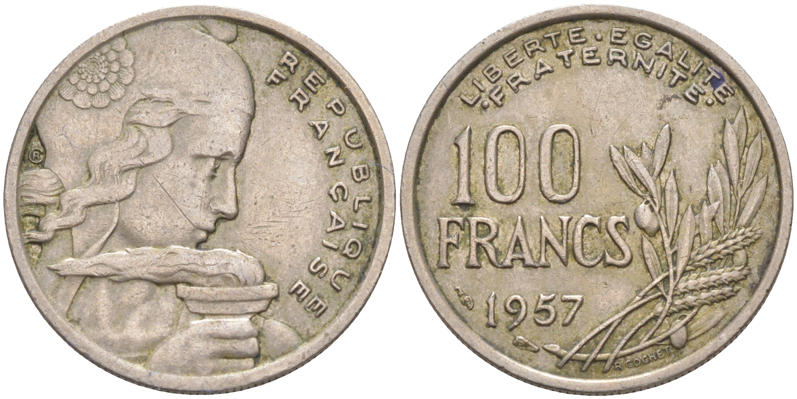 Франция 100 франков 1957 KM 919, Le Frank 450.10 медно-никель 4610-744