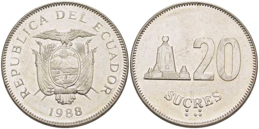 ЭКВАДОР 20 СУКРЕ 1988 МОНУМЕНТ KM 94.1 сталь плакированная никелем 58-226