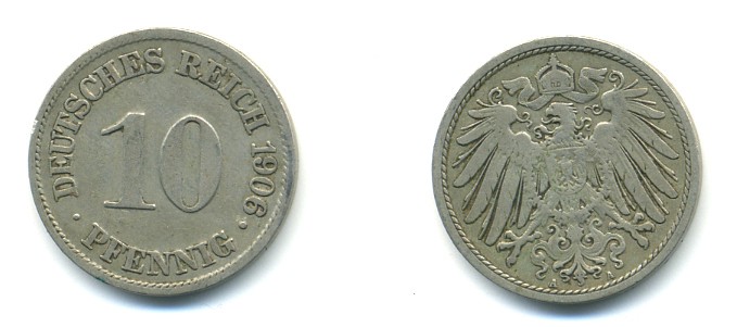 ГЕРМАНИЯ 10 ПФЕННИГОВ 1906 A KM 12, J. 13 медно-никель 80-256