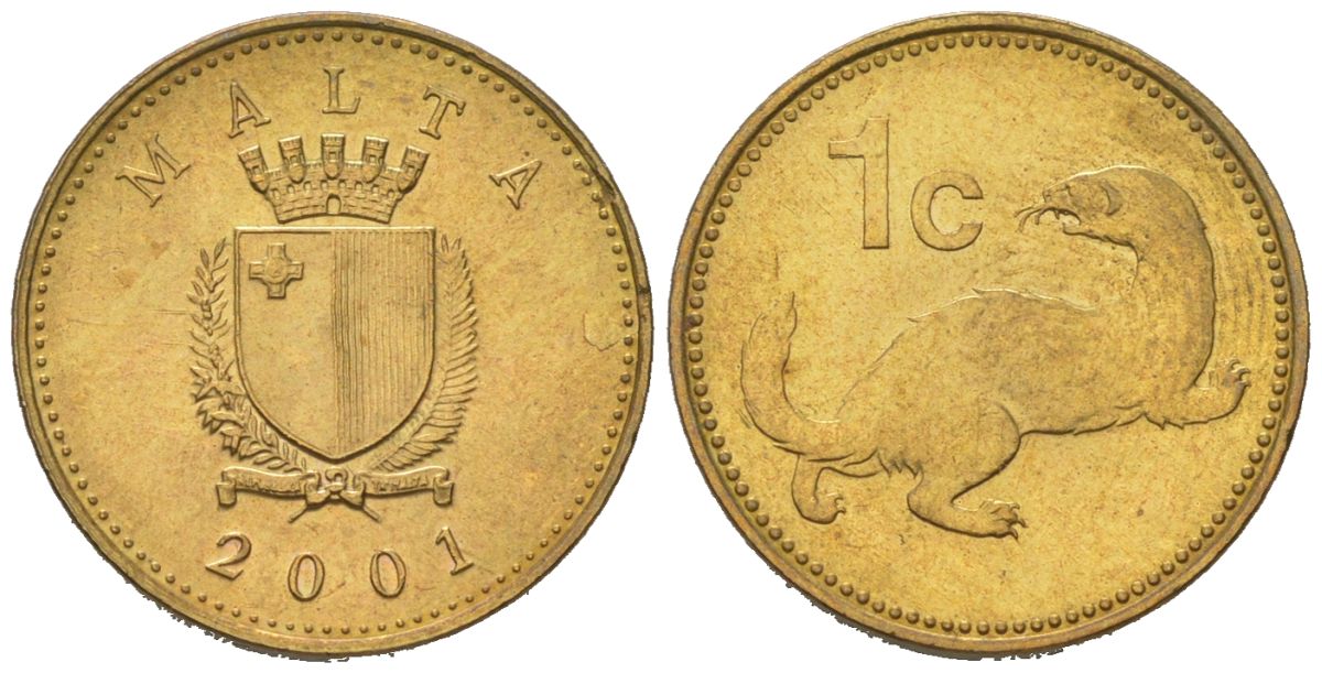 Мальта 1 цент 2001 ласка, горностай KM 93 никель латунь UNC 192-1225