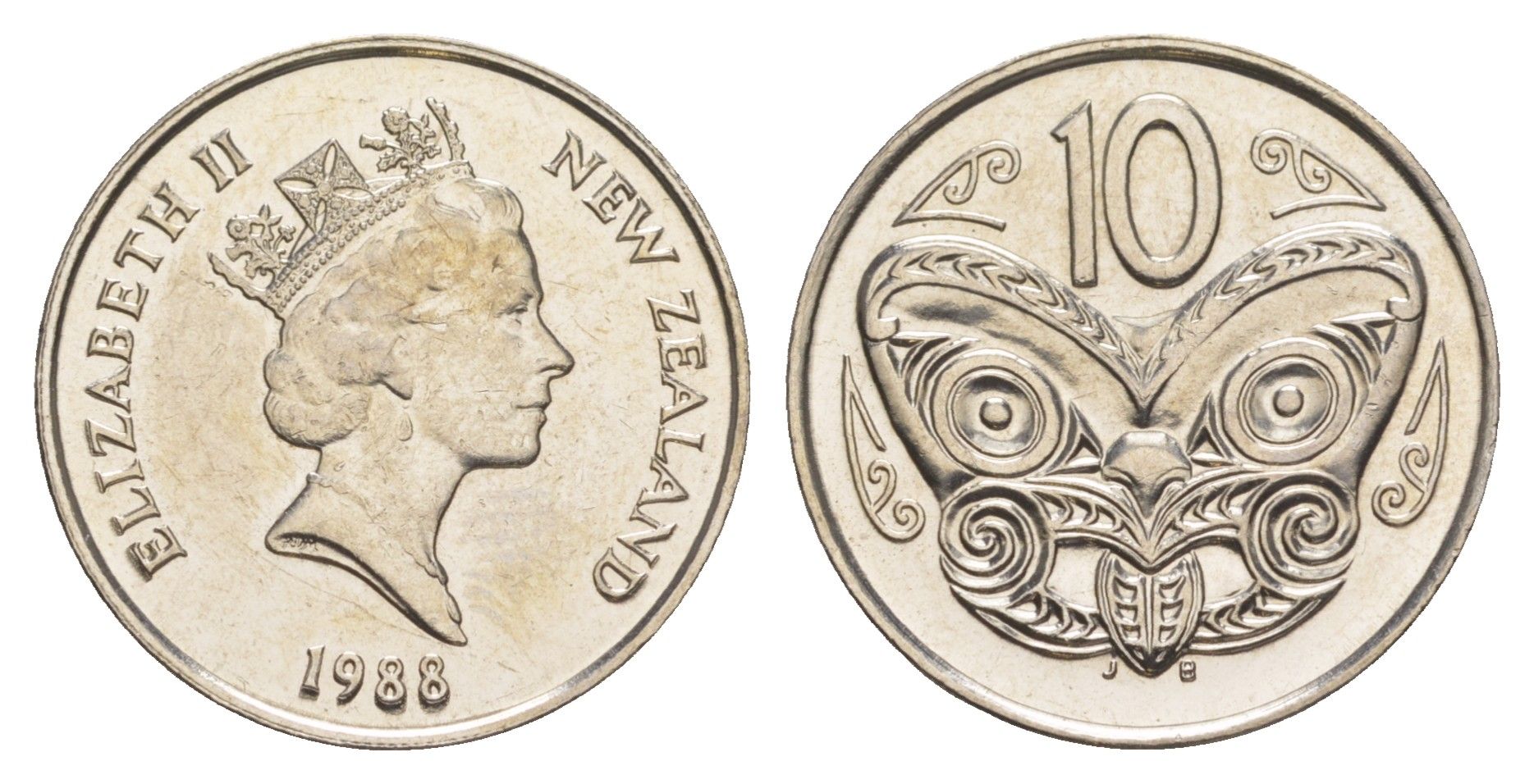 Новая Зеландия 10 центов 1988 Елизавета II (1952-2022), маска маори KM 61 медно-никель UNC 4652-652