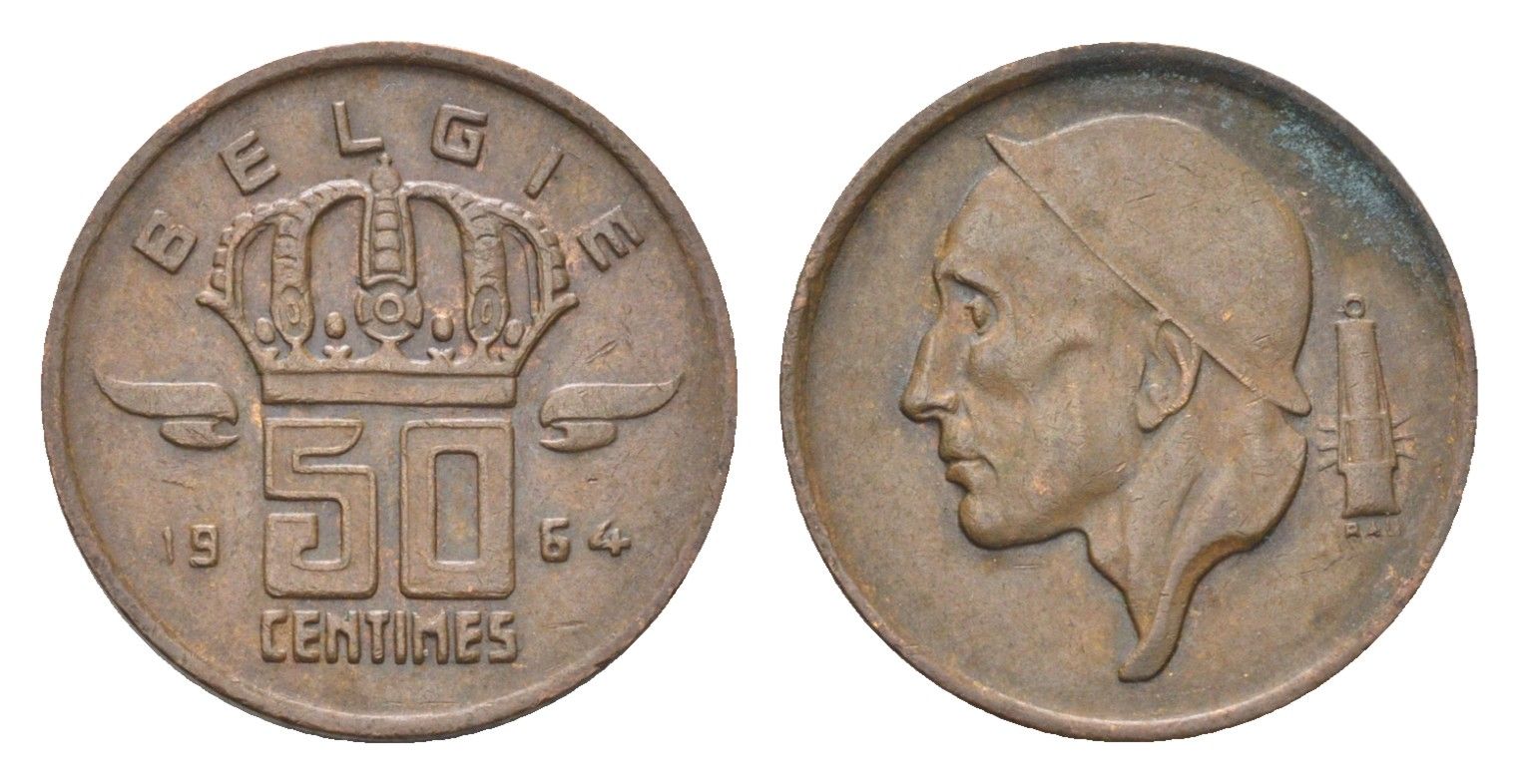 Бельгия 50 сантимов 1964 Belgie, Бодуэн I (1951-1993) KM 149 бронза 4705-256