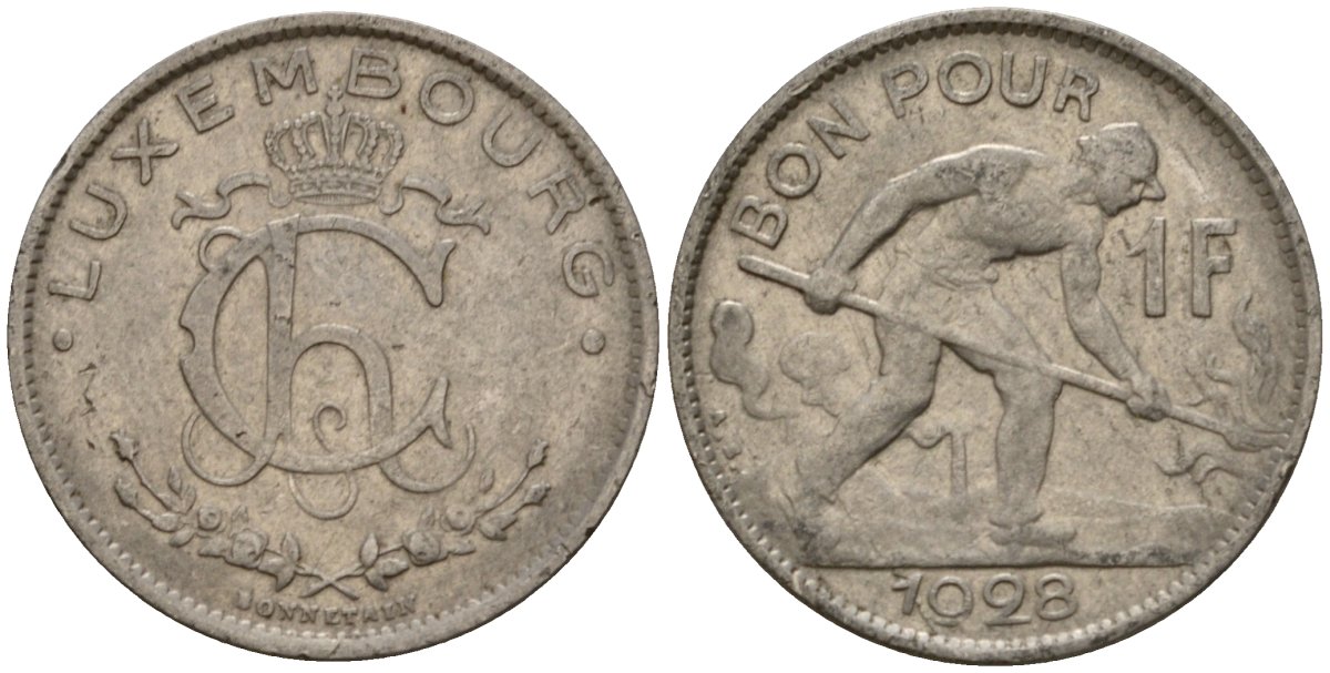 Люксембург 1 франк 1928 сталевар, Шарлотта (1918-1964) KM 35 никель 4603-1051