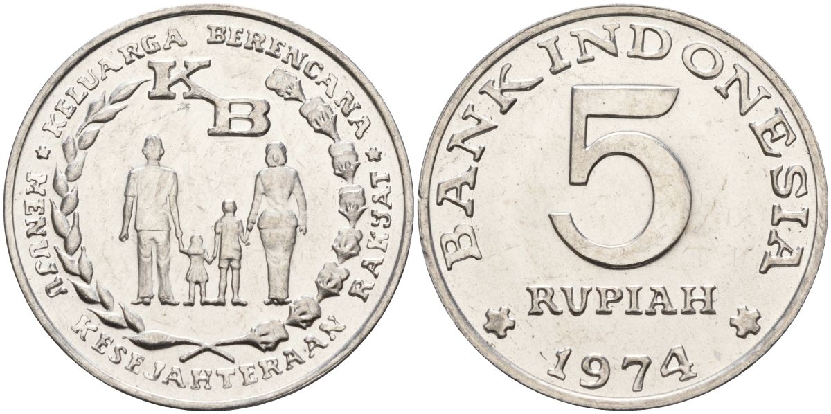 Индонезия 5 рупий 1974 FAO, программа планирования семьи KM 37 алюминий UNC 4149-625