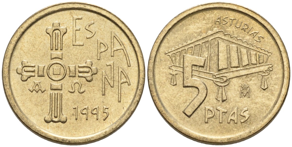 Испания 5 песет 1995 Хуан Карлос I (1975-2014), Астурия (ASTURIAS), крест KM 946 алюминиевая бронза 4602-1111