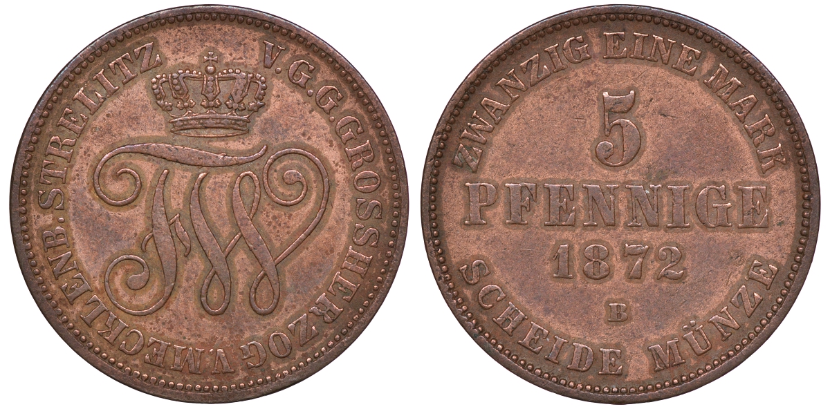 Мекленбург-Шверин 5 пфеннигов 1872 B, Фридрих Франц II (1842-1883) KM 317 (C104), Jaeger 62, AKS 45 медь 1523-921