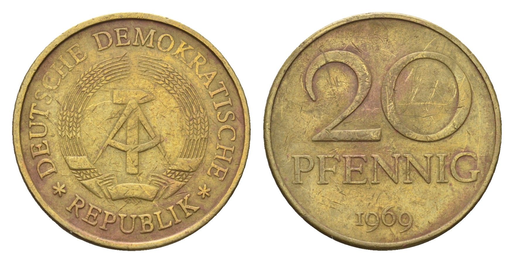 ГДР 20 пфеннигов 1969 A KM 11 латунь 192-223