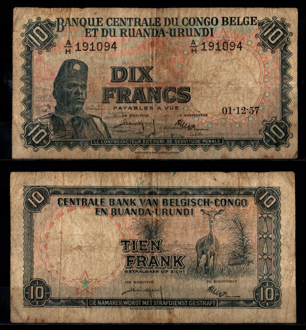 Бельгийское Конго 10 франков 1957 Pick 30 b бумага 8602-28-3-2