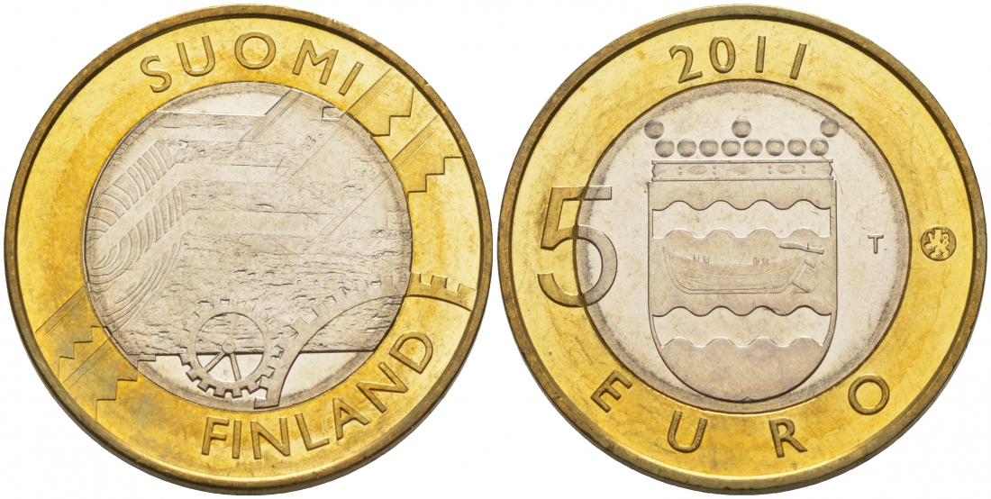 Финляндия 5 евро 2011 серия исторические регионы Финляндии, Уусимаа KM 160 биметалл UNC 1527-721 M2-17