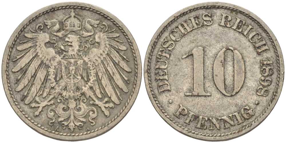 ГЕРМАНИЯ 10 ПФЕННИГОВ 1898 A KM 12, J. 13 медно-никель 4401-1026
