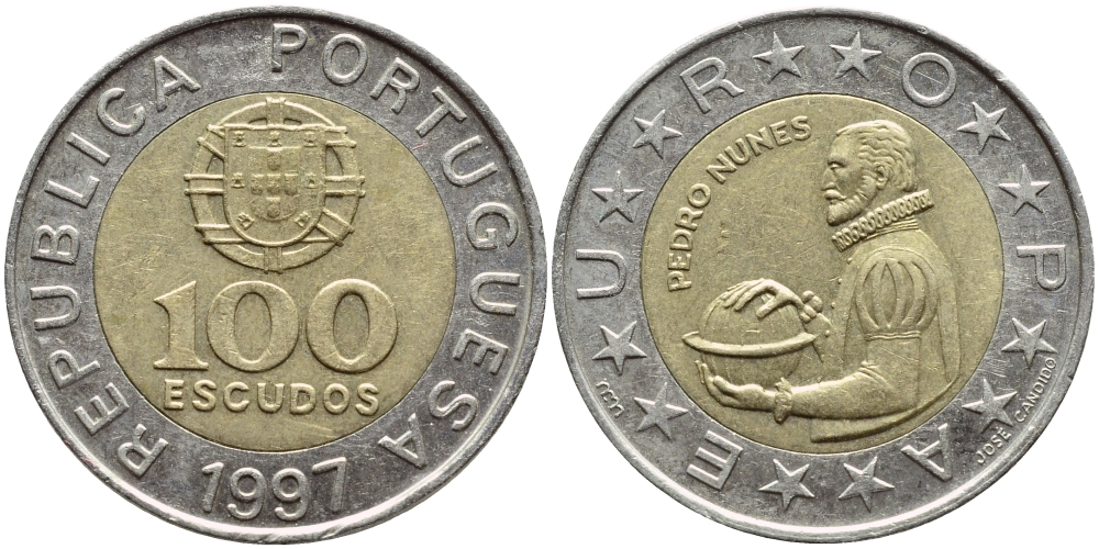 Португалия 100 эскудо 1997 Педру Нуниш (1502-1578), математик KM 645.1 биметалл 4395-954