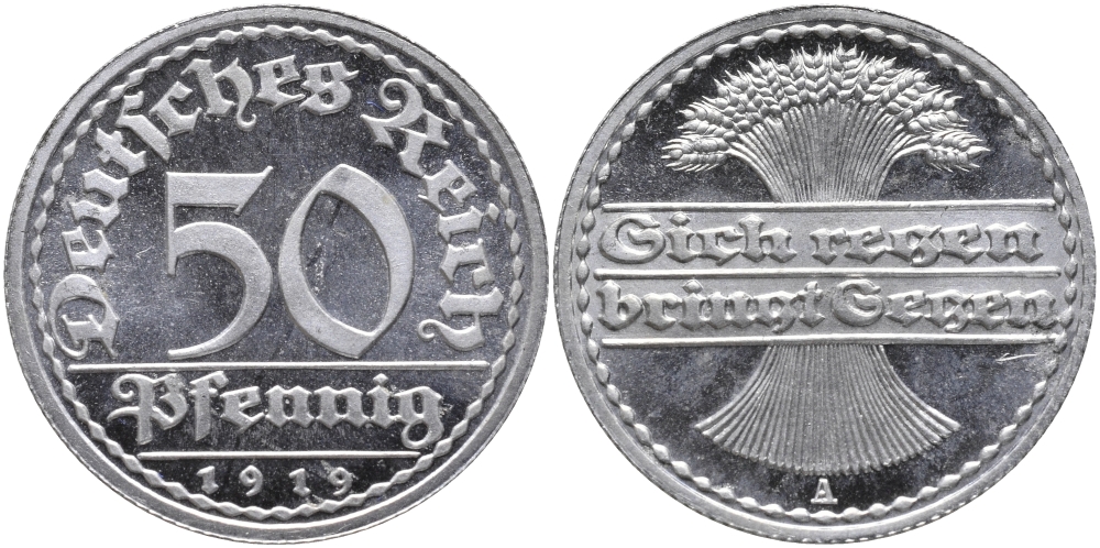 Германия 50 пфеннигов 1919 A KM 27, J. 301 алюминий PROOF 00-817-19