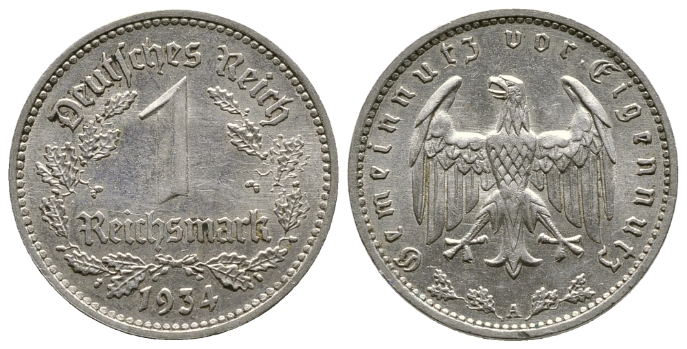 ГЕРМАНИЯ 1 РЕЙХСМАРКА 1934 А KM 78, J. 354 никель 4380-522