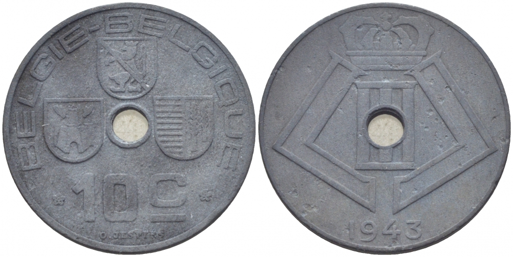 БЕЛЬГИЯ 10 САНТИМОВ 1943 BELGIE-BELGIQUE KM 126 цинк 4448-114