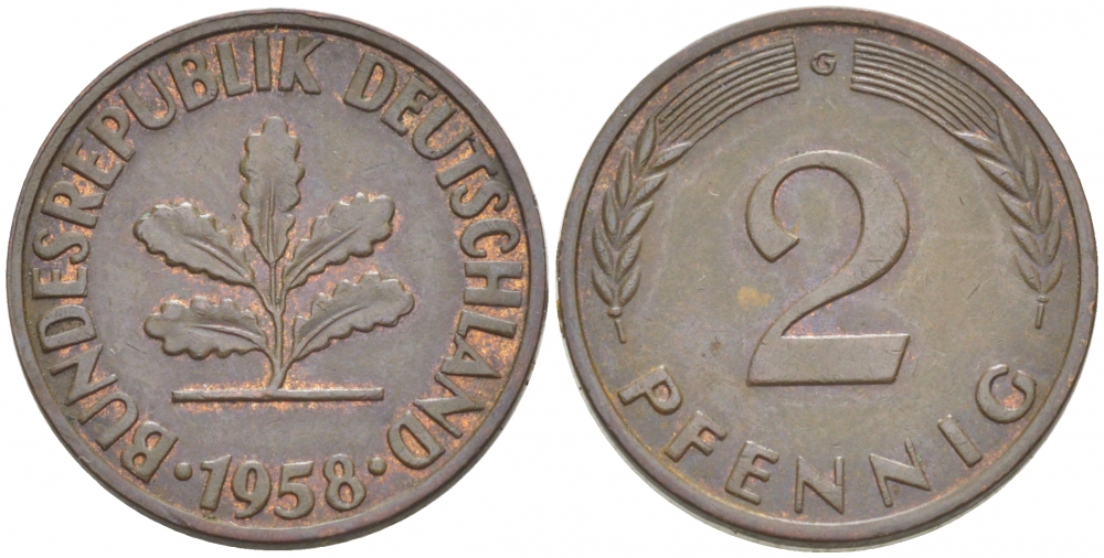 ФРГ 2 ПФЕННИГА 1958 G KM 106, J. 381 бронза 3955-617