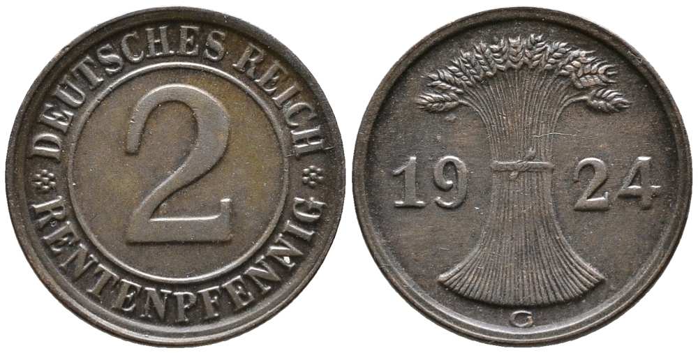 ГЕРМАНИЯ 2 РЕНТЕНПФЕННИГА 1924 G KM 31, J. 307 бронза 24-653