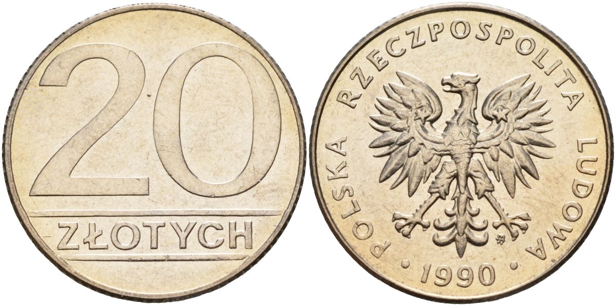 Польша 20 злотых 1990 MW KM 153.2, Parchimowicz 255b медно-никель aUNC M56-13
