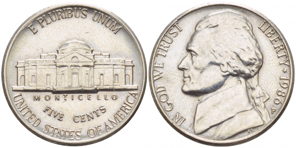 США 5 ЦЕНТОВ 1986 P, ДЖЕФФЕРСОН KM А192 медно-никель 4546-1212