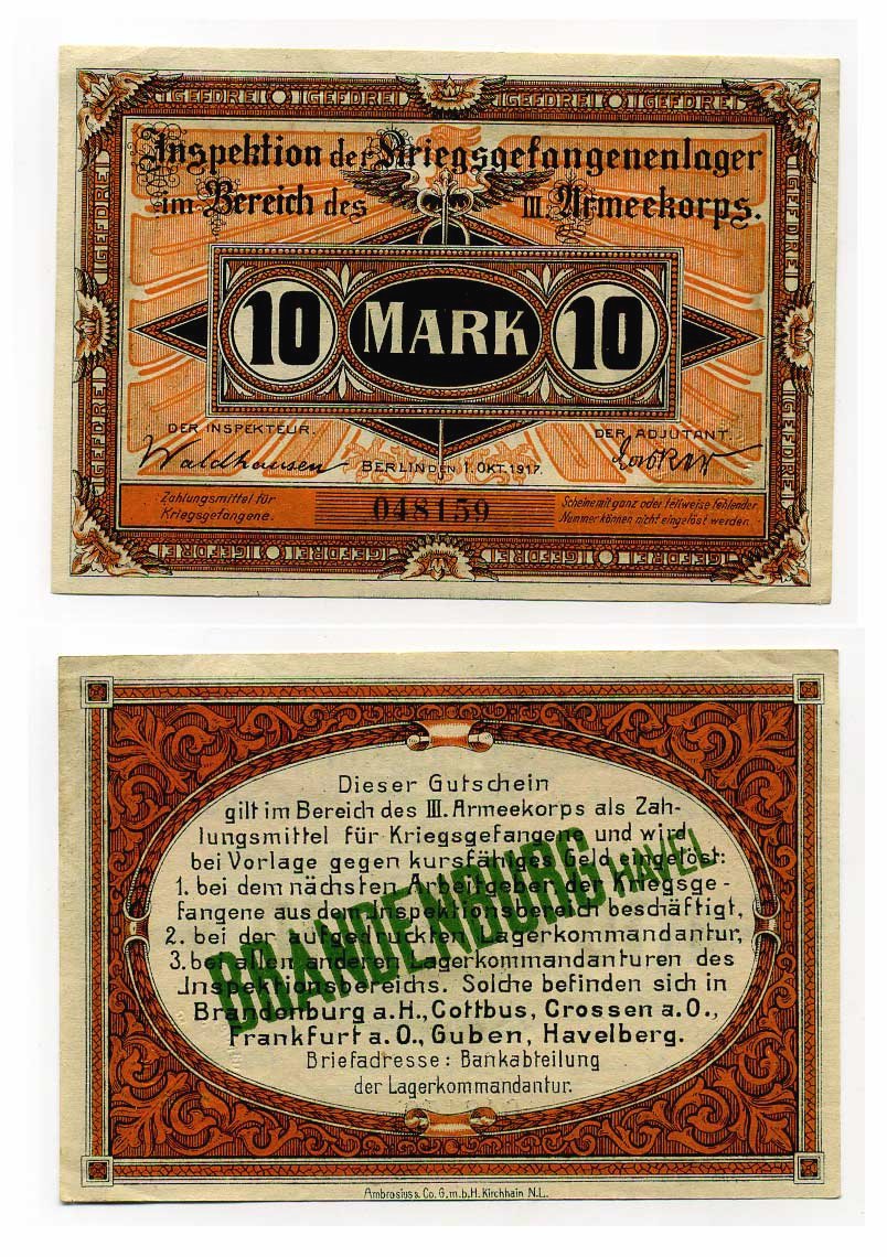 Германия 10 марок 1917 инспекция лагерей военнопленных в Бранденбурге, III-ий Армейский корпус C-2775 бумага aUNC 000-00-00