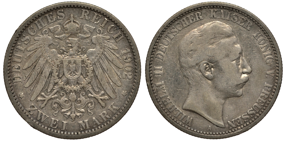 Пруссия 2 марки 1902 A, Вильгельм II (1888-1918) J.102, Weege 101, KM 522 серебро 3711-723