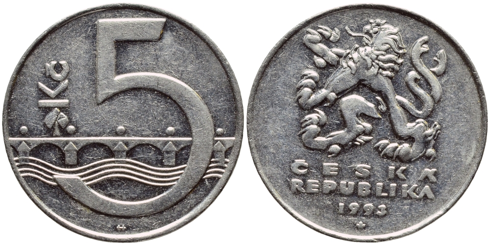 Чехия 5 крон 1993 чешский лев, Карлов мост KM 8 сталь плакированная никелем 4397-411