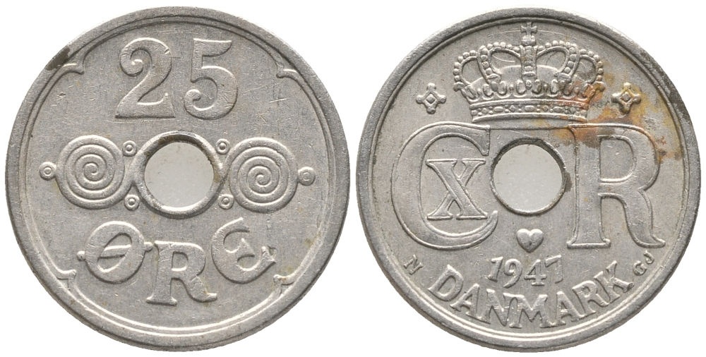 Дания 25 эре 1947 Кристиан X (1912-1947), редкий год KM 823.2 медно-никель 34-522