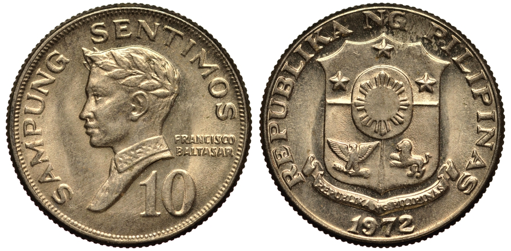 ФИЛИППИНЫ 10 СЕНТИМО 1972 ПОЭТ ФРАНСИСКО БАЛЬТАСАР KM 198 медь цинк никель XF- 4181-261