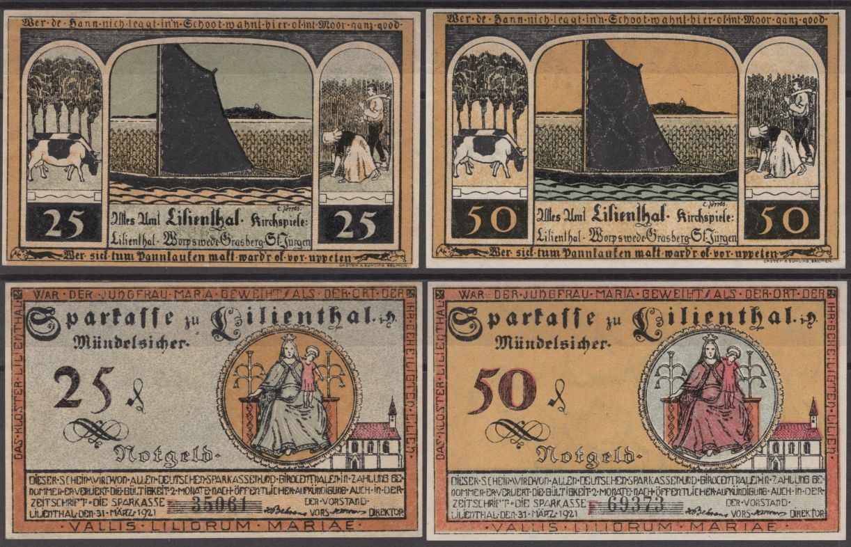 Лилиенталь полный набор из 2 нотгельдов (25 и 50 пфеннигов) 1921 серия F DeNG 2 802.10 бумага UNC (пресс) 7556-50-2-1