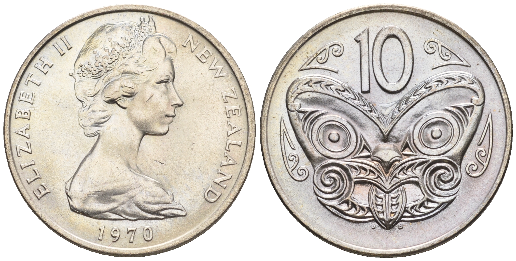 Новая Зеландия 10 центов 1970 Елизавета II (1952-2022), маска маори KM 41.1 медно-никель  UNC  4182-1111