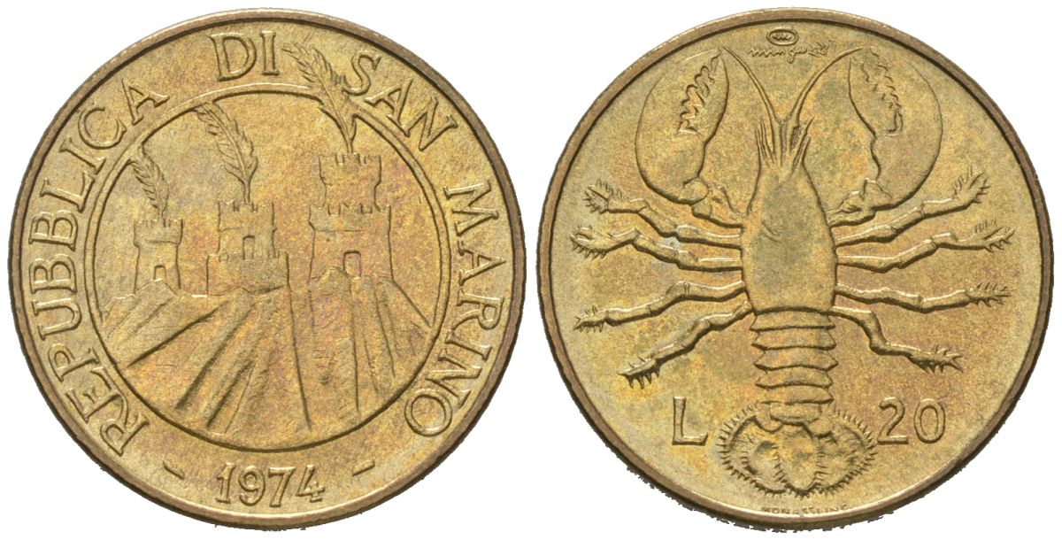 Сан-Марино 20 лир 1974 рак KM 34 алюминиевая бронза UNC 4571-826