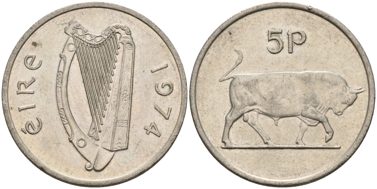 Ирландия 5 пенсов 1974 бык KM 22 медно-никель 4146-525