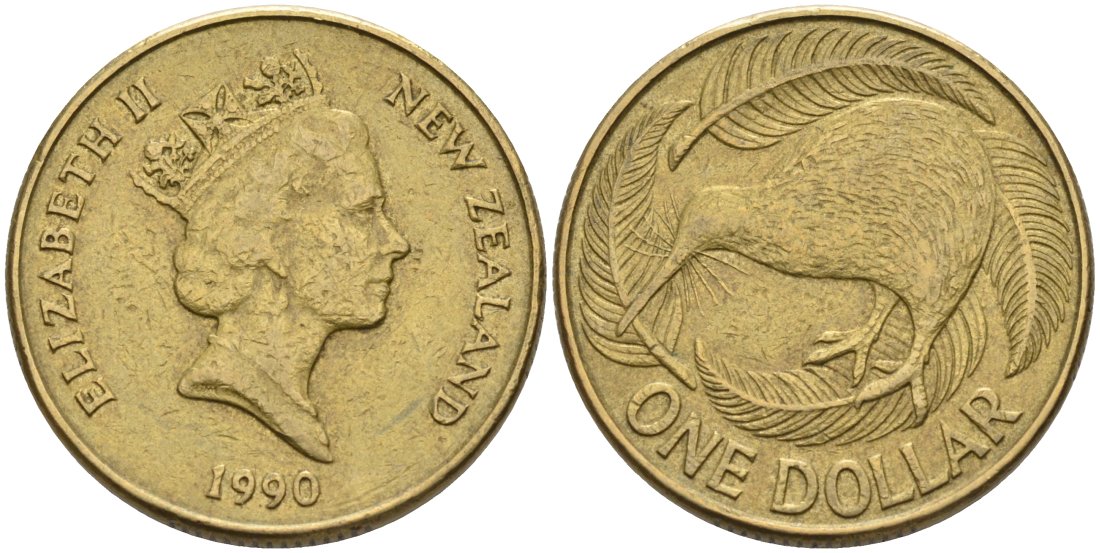 Новая Зеландия 1 доллар 1990 Елизавета II (1952-2022), птица киви KM 78 алюминиевая бронза 24-757